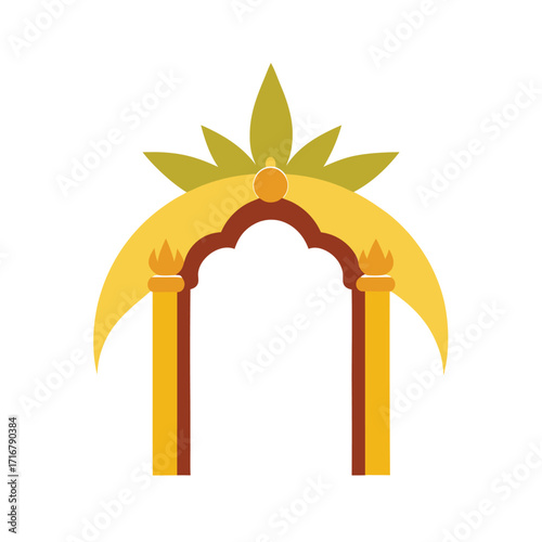 banana tree gate with golden trims and cultural decor