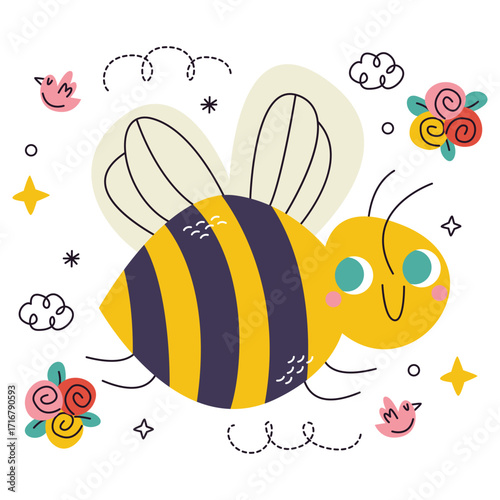 Bee Vector Illustration. Flat Minimal Design. Editable Illustration for Web, Mobile, Print