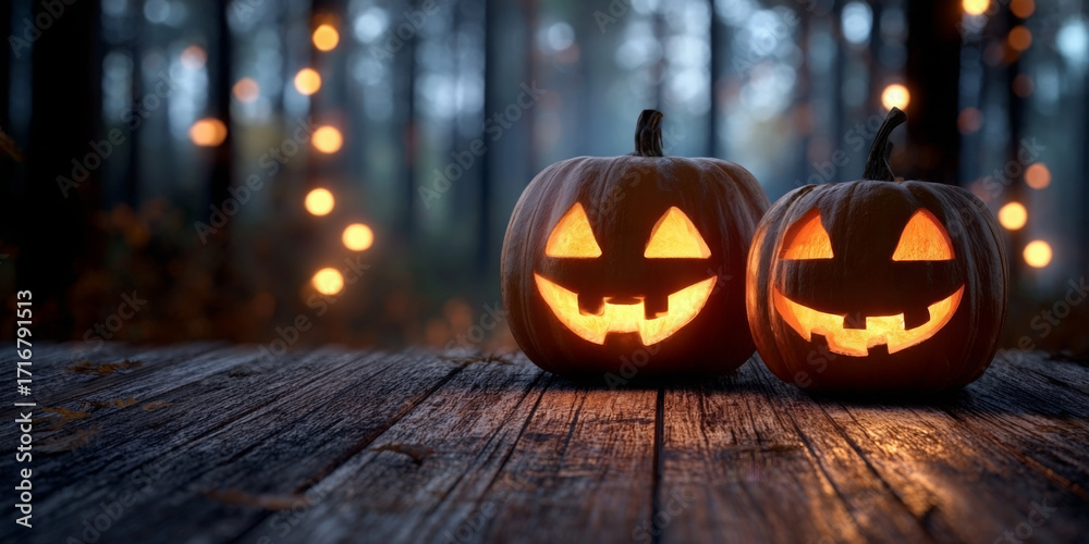Fototapeta premium Two carved pumpkins on a wooden surface, lit from within, in a forest setting.
