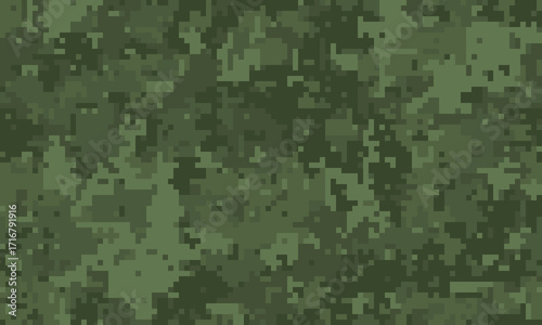 Abstract digital camouflage pattern.  Versatile green pixelated texture ideal for backgrounds, website design, militarythemed projects, or creating a sense of concealment and mystery.