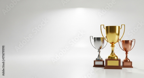 Gold, silver, and bronze trophies on white background with copy space