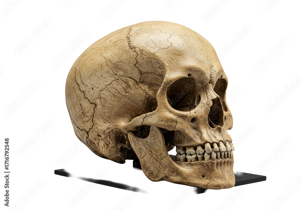 Obraz premium Ultra-detailed ancient human skull with weathered bone and cracks on a polished black base against a solid transparent background under high-key studio lighting, historical reverence