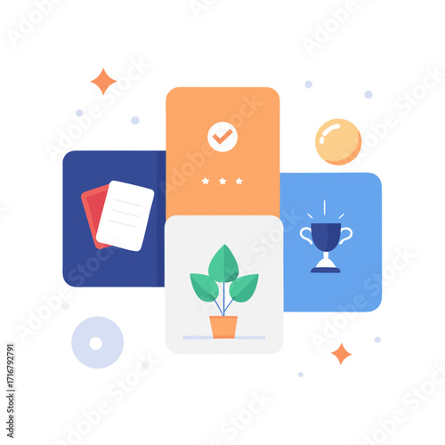 Award trophy, plant in pot, and document icons in rounded squares on white background prize winner