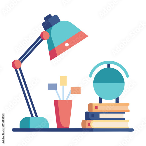 Flat Design Desk Lamp Stacked Books Globe and Pen Holder Illustration light study