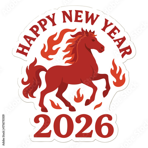 Red fire Horse illustration text Happy New Year 2026 card, poster, sticker design on white background