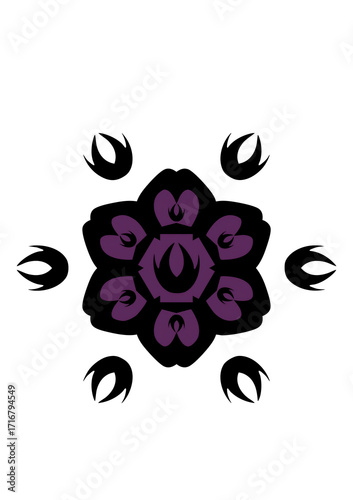 Symmetrical Floral Design. The image features a symmetrical pattern with a central floral motif, surrounded by smaller, petal-like shapes that radiate outward.