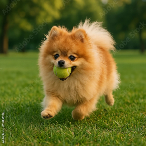 pomeranian puppy running with ball