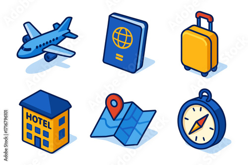 isometric travel & tourism icons ,airplane, passport, suitcase, hotel, map pin, compass