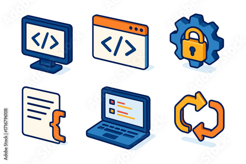 isometric software & security icons , code screens, dev window, gear lock, document brace, laptop, sync