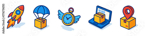 isometric express delivery icons , rocket shipping, parachute box, winged timer, laptop parcel, map pin