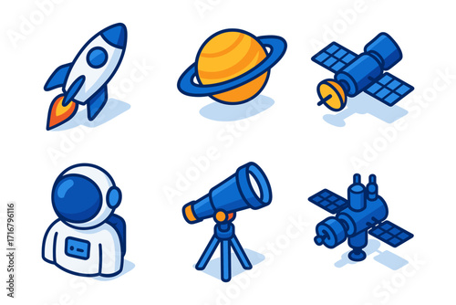 isometric space exploration icons ,rocket, planet, telescope, satellite, astronaut