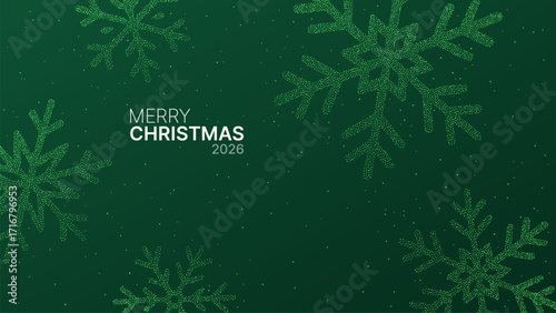 Merry Christmas 2026 text with green dotted snowflakes and small particles on a dark green background. Holiday winter season concept for greeting card.