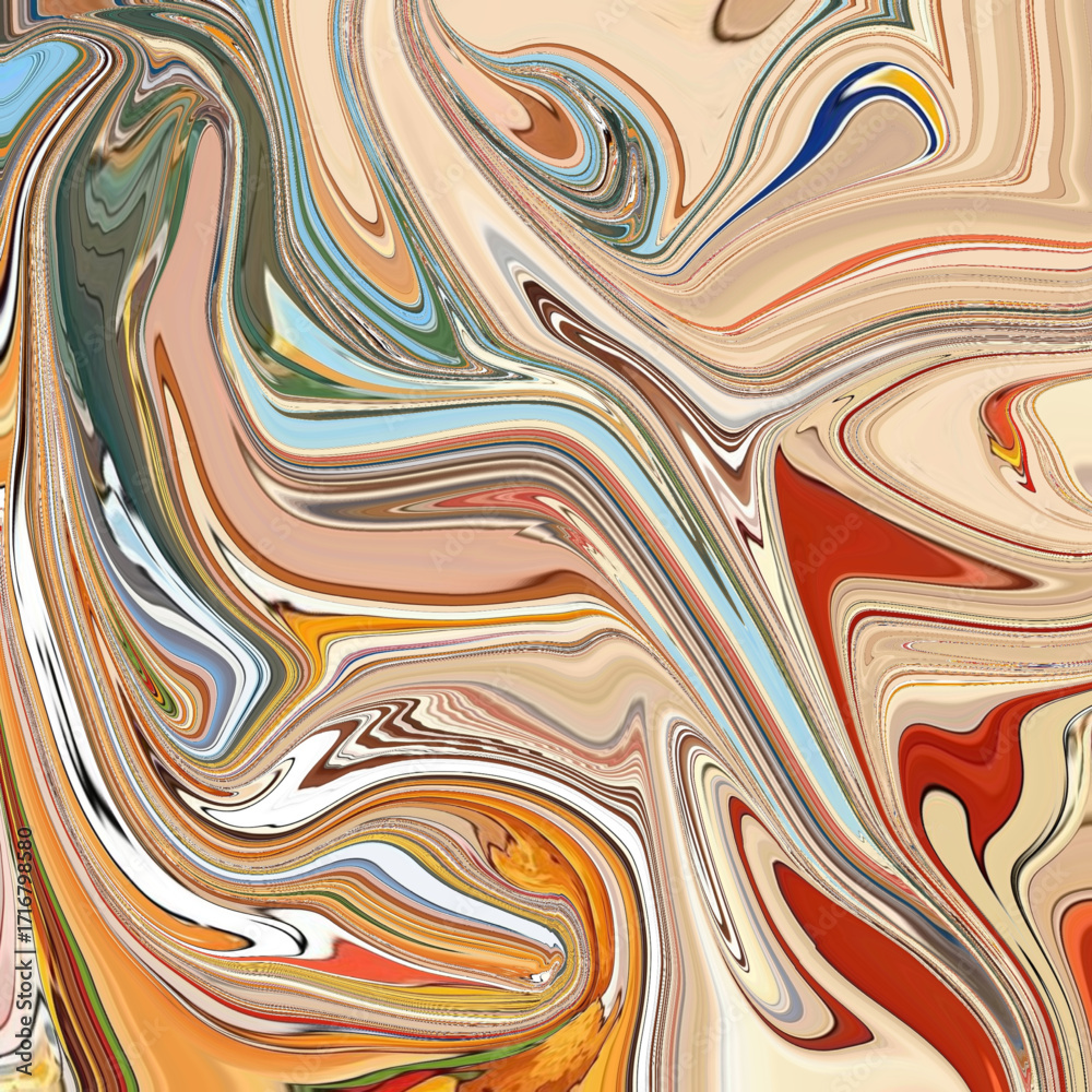 Obraz premium Abstract fluid art with warm earthy tones, orange, beige, and blue, creating swirling movement and organic textures. Golden keywords: abstract, fluid, swirl, organic, texture.