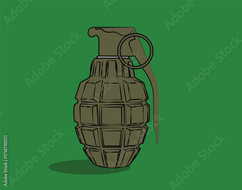Grenade on green background symbolizing military conflict and danger