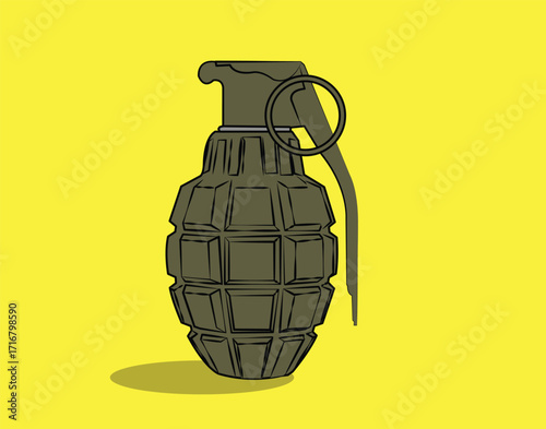 Grenade on yellow background symbolizing military conflict and danger
