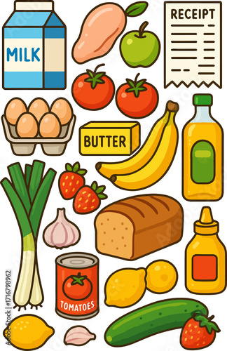 Fresh grocery haul illustration featuring milk, eggs, produce and pantry staples for healthy meals and delicious recipes ideal for food blogs or cooking guides
