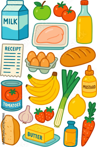 Fresh grocery shopping haul with milk, eggs, fruit, and vegetables, ideal for healthy eating, cooking, and meal planning illustrations or designs