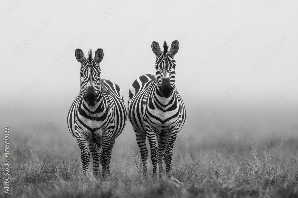 Fototapeta premium Two zebras in monochrome. A grayscale image of two zebras facing forward in a grassy plain. The light is soft, suggesting a misty or foggy morning. The animals are centered, with a neutral backdrop
