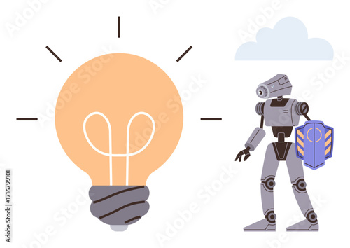 Futuristic robot with shield standing beside illuminated bulb, symbolizing protection, creativity, and innovation. Ideal for technology, AI, security, sustainability, progress innovation ideas