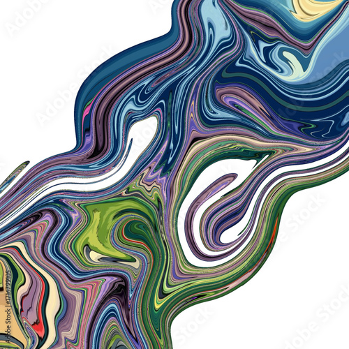 Flowing colorful abstract wave with blue, green, and purple swirls forming fluid organic movement. Golden keywords: abstract, wave, fluid, movement, swirl.
