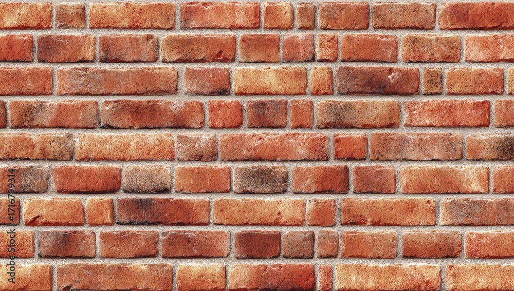 Fototapeta premium A close-up view of a brick wall. The bricks are a mix of muted terracotta, orange, and brown tones, with some variations in shade. The mortar is a light beige.