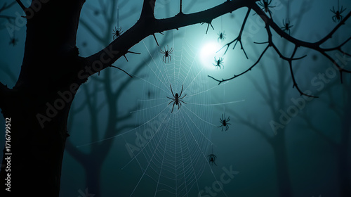 A web full of spiders hanging from a haunted tree foggy night cinematic lighting