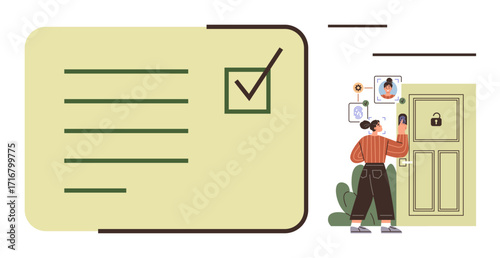 Woman scanning verification images near locked door, checklist icon representing approval. Ideal for security, identity verification, access management, technology, privacy, digital safety