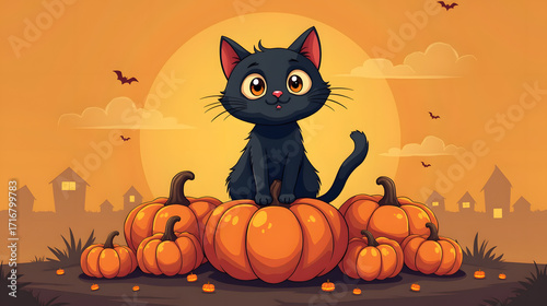 Cute black cat sitting on a pile of pumpkins Halloween festive illustration