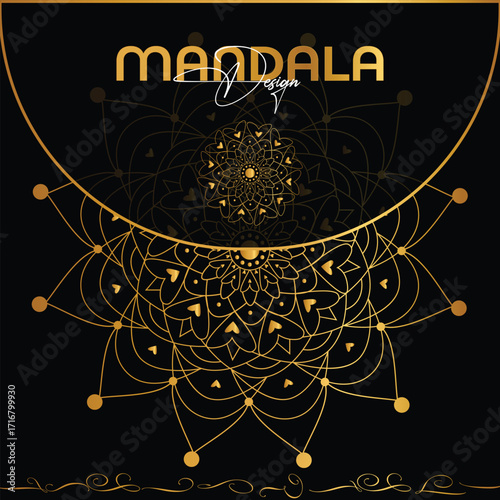 Illustration of golden mandala design with intricate patterns on a black background, elegant and spiritual art