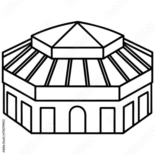 Architectural illustration of an arena building in line art style  