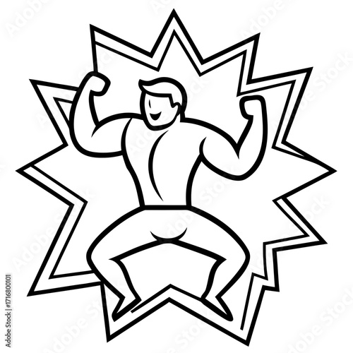 Strong man posing confidently with burst background - Concept of icons  