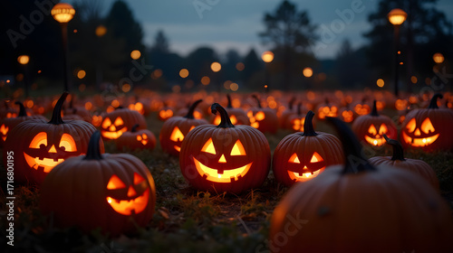 Pumpkin patch at dusk with fireflies cinematic Halloween lighting