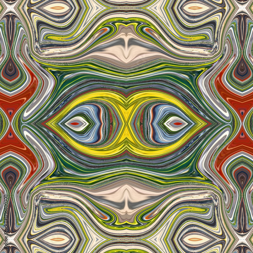 Vibrant abstract symmetry artwork with bold yellow center, fluid curves, and layered textures, creating a kaleidoscope design. Golden keywords: abstract, symmetry, pattern, colorful, design.