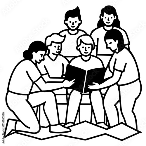 Group of people reading together and discussing over a book  