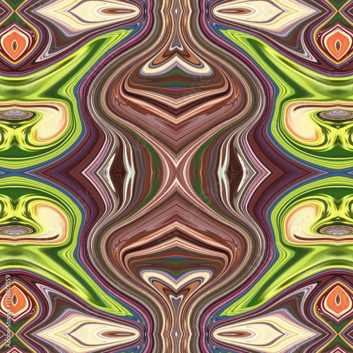 Psychedelic symmetrical pattern with neon green, brown, and cream tones forming a kaleidoscopic abstract texture for creative design and fashion backgrounds.
