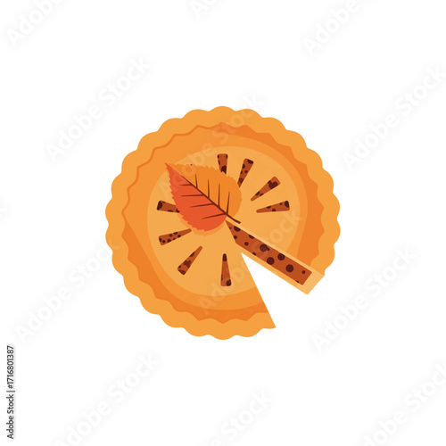 Delectable seasonal pie with crust and leaf decoration, top view. Seasonal pie makes perfect autumn dessert or holiday treat. Celebrate flavors with this lovely seasonal pie.