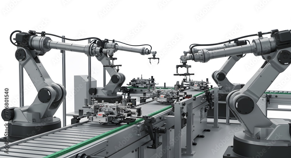 Fototapeta premium Industrial robots assembling components on an automated production line, showcasing efficiency and precision