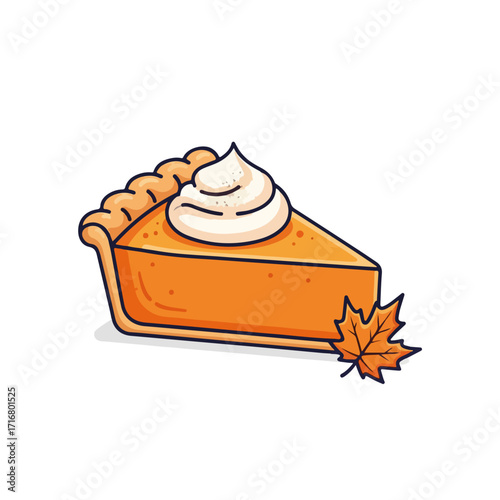 Seasonal pie slice with whipped cream and maple leaf. Sweet seasonal pie is perfect dessert for Thanksgiving dinner. Enjoy delicious seasonal pie for autumn holidays.