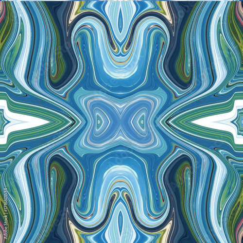 Blue kaleidoscope-inspired abstract pattern with symmetry and fluid lines, creating surreal futuristic design for art and backgrounds.
