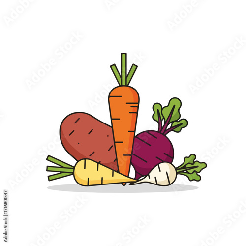 Fresh root vegetables collection with carrot, parsnip, potato, beet, and turnip. Colorful root vegetables composition perfect for healthy eating blog.