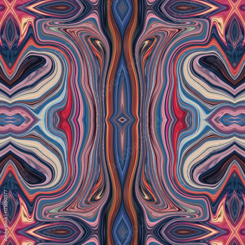 Vibrant abstract symmetrical pattern in pink, blue, and red tones with diamond shapes, offering modern kaleidoscopic fluid art. Keywords highlight abstract, pattern, symmetry, colorful, modern.