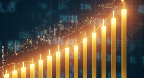 A financial chart showing an upward trend with golden bars and a rising line on a dark background
