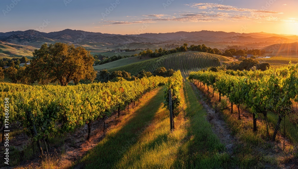 Fototapeta premium Vineyard at sunrise, rolling hills