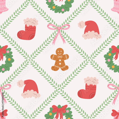 Christmas cute seamless pattern with bows, wreath, red socks, gingerbread, bell, Santa hat. Xmas print. Preppy modern background. Vintage damask holiday design for fabric, wallpaper or wrapping paper.