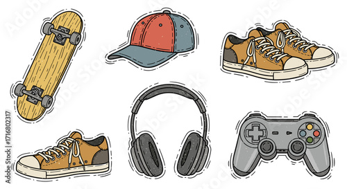 Collection of cool retro style objects including a skateboard baseball cap sneakers headphones and video game controller