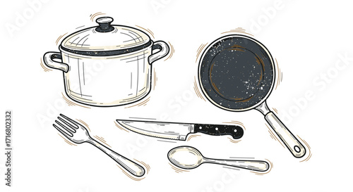 Collection of hand drawn kitchen utensils including a pot frying pan knife fork and spoon