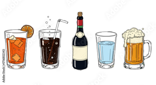Assortment of refreshing beverages including orange soda cola wine water and beer on a black background