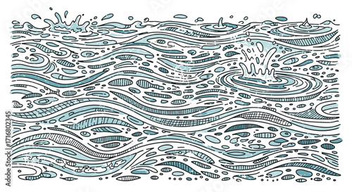 Abstract illustration of dynamic water splashes and ripples with a textured hand drawn artistic style