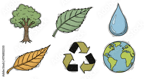 Hand drawn collection of environmental symbols including a tree leaf water drop recycle symbol and planet earth