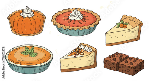 Collection of delicious homemade pies cheesecakes and brownies with whipped cream and garnishes on black background